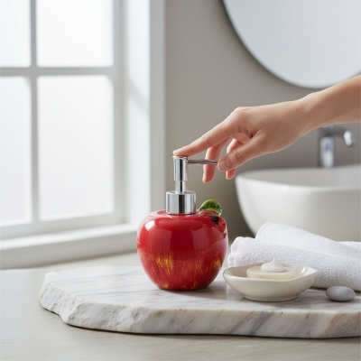 Picture of Premium red apple-shaped ceramic soap dispenser for bathroom vanity decor featuring a durable rust-proof pump and refillable liquid hand soap container designed to add a stylish touch to your modern kitchen sink.-Red