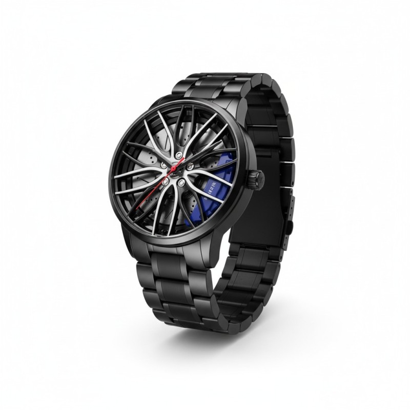 Picture of Premium Car Wheel Rim Hub Design Men's Quartz Wrist Watch with Waterproof Stainless Steel Strap, 3D Rotating Dial, Sporty Aesthetic, and High-Precision Timekeeping for Automotive Enthusiasts and Modern Fashion Lovers.-Black