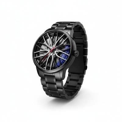 Picture of Premium Car Wheel Rim Hub Design Men's Quartz Wrist Watch with Waterproof Stainless Steel Strap, 3D Rotating Dial, Sporty Aesthetic, and High-Precision Timekeeping for Automotive Enthusiasts and Modern Fashion Lovers.-Black