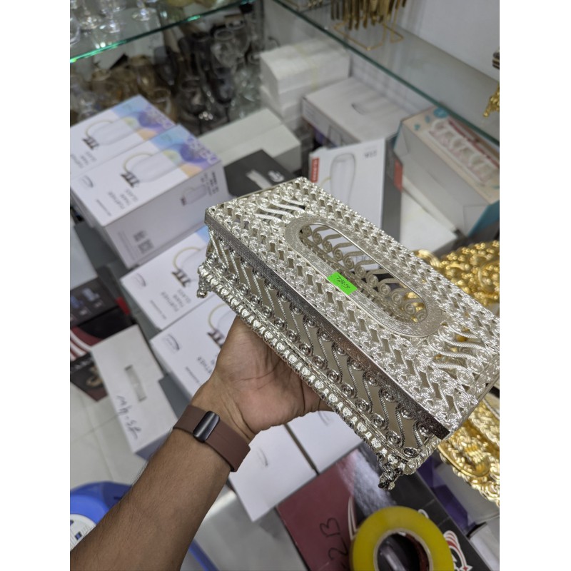 Picture of Ornate Silver Plated Filigree Metal Tissue Box Holder Luxury European Vintage Style Rectangular Napkin Case for Elegant Home Decor Living Room Bathroom Office Vanity Countertop Decorative Accessories for Gifting Purpose.-Silver