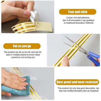Picture of 5M Golden Tile Gap Tape, Home Tile Sticker Waterproof Tape PVC Self Adhesive Tape Ceramic Tile Gap Tape for Detailing Wall, Floor Tile Gap, Cabinetry (2.5CM*5M)-Gold