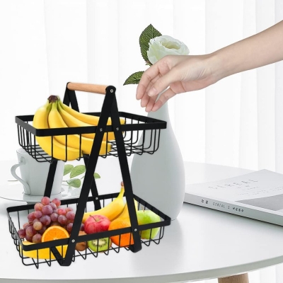 Picture of 2-Tier Fruit Basket,Fruit Bowl Holder Bread Basket Vegetable Rack, Detachable Fruit Holder for Fruit, Vegetables, Snacks in Home, Kitchen Office-Black