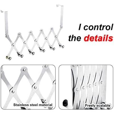 Picture of Door Hooks, Extendable Door Hook Rail, Door Coat Rack with 6 Hooks, Hook Rail Door Door Hook for Bathroom Hallway and Bedroom Coat Hook Without Drilling (Silver)-Silver