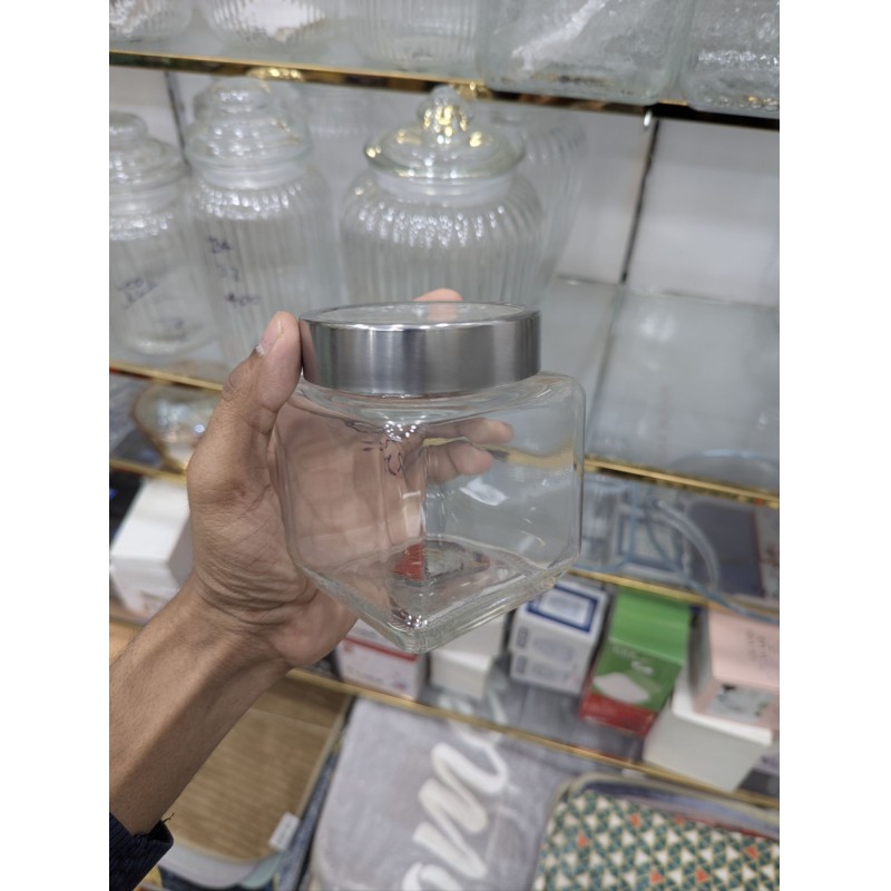 Picture of Airtight Square Glass Storage Jar with Stainless Steel Lid for Kitchen Organization, Premium Clear Food Container for Storing Snacks, Spices, Coffee Beans, and Pantry Essentials, Stylish Modern Countertop Home Decor Piece.-Multicolor