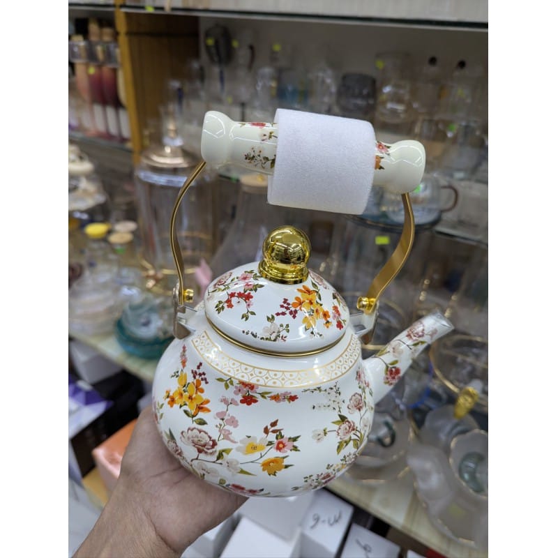 Picture of Premium Quality Favourite Floral Enamel Tea Kettle with Heat Resistant Ceramic Handle Durable Carbon Steel Construction Elegant Rose Design Porcelain Coating Suitable for Induction Gas Electric Stovetop Boiling Water Teapot Home.-Multicolor