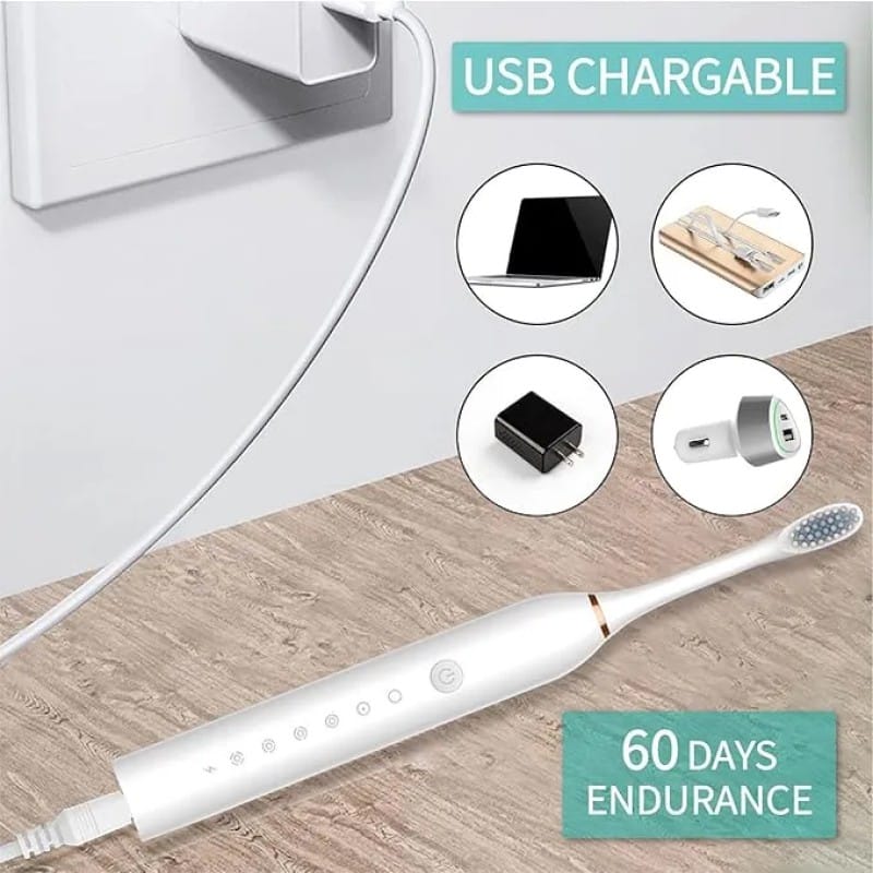 Picture of Electric Toothbrushes, USB Rechargeable Ultrasonic Tooth Brush with 4 Brush Heads 6 Cleaning Modes and Smart Timer IPX7 Waterproof Cleaning Toothbrushes for Adults and Kids (White-Multicolor