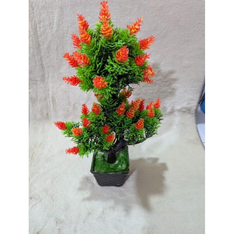 Picture of Realistic Artificial Tiered Bonsai Pine Tree with Vibrant Orange Cone Flowers and Black Textured Decorative Pot for Home Office Tabletop-Multicolor