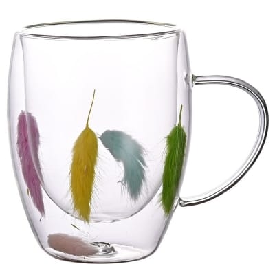 Picture of Creative Feather Double Wall Glass Mug-Multicolor