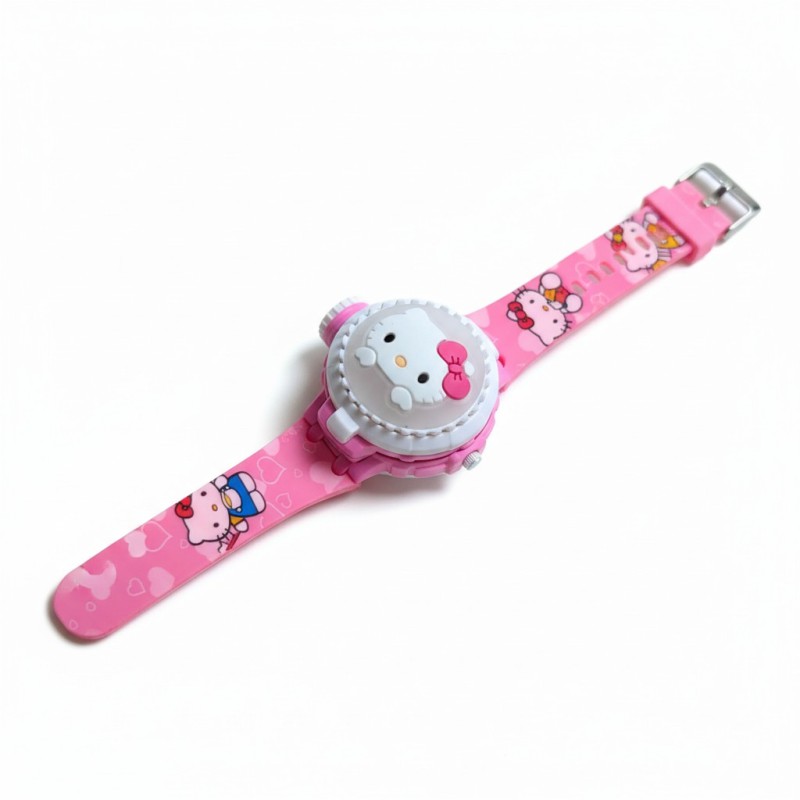 Picture of Hello Kitty Pink Digital Watch for Kids featuring a 3D Character Flip Cover Built-in LED Projector with 24 Cartoon Images and Adjustable Silicone Strap for Girls Birthday Gift and Daily Wear.-Pink