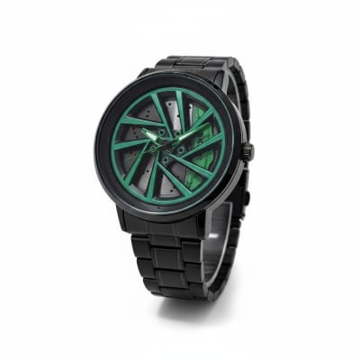 Picture of Premium Car Wheel Rim Rolling Watch for Men Featuring 3D Spinning Hub Metal Dial with Green Brake Caliper Luxury Quartz Movement and Waterproof Stainless Steel Black Strap Stylish Sporty Fashionable Wristwatch.-Multicolor