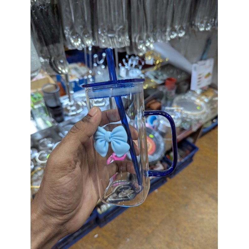 Picture of Premium Square Borosilicate Glass Coffee Mug featuring Aesthetic Blue 3D Bow Decoration, Leakproof Lid, Matching Reusable Straw, and Ergonomic Handle for Stylish Iced Tea, Smoothies, Milk, Juice, and Trendy Home Drinkware.-Multicolor