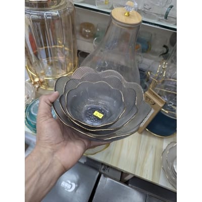 Picture of Exquisite Grey Wavy Glass Serving Bowl Set with Lustrous Gold Rim, Vertical Ribbed Texture, Irregular Lotus Flower Shape, High-White Crystal Clarity for Elegant Salads, Soups, Desserts, and Luxury Table Decor.-Multicolor