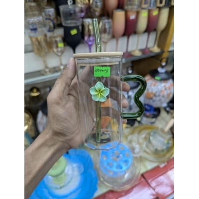 Picture of Premium Borosilicate Square Shape Glass Pookie Mug with Eco-Friendly Bamboo Lid and Reusable Glass Straw for Iced Coffee Juice Milk Tea and Smoothies Perfect for Home Office Use Stylish Green Handle.-Multicolor