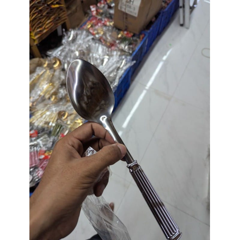 Picture of Premium 18/10 Stainless Steel Bouillon Spoon featuring a classic Doria pattern fluted handle with superior mirror-polished finish, perfect for elegant formal dining, luxury hotel tableware, and professional catering services worldwide today.-Silver