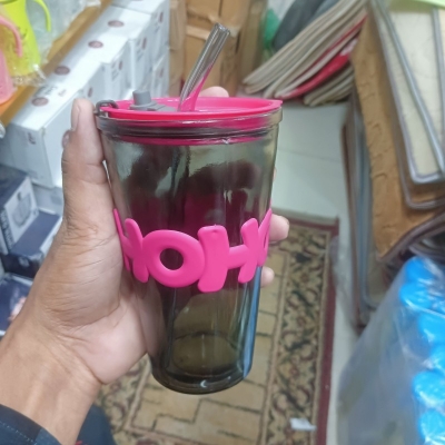 Picture of Glass Reusable Sipper Bottle with Silicone Sleeve Glass Coffee Mug with glass Straw and Leakproof Lid Tumbler for Coffee, Tea, Milk Beverages 450ml blaack-Black