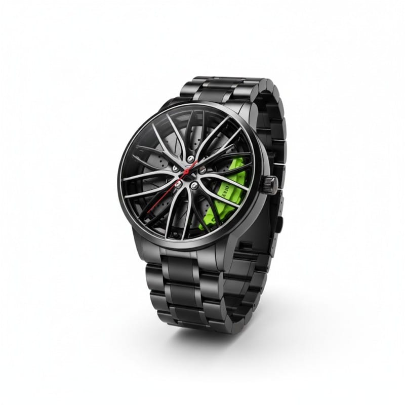 Picture of Luxury Men's Car Wheel Rim Hub Watch Featuring 3D Hollow Spinning Dial Design Japanese Quartz Movement Stainless Steel Waterproof Chronograph Sports Wristwatch Perfect Gift for Automotive Enthusiasts Racing Fans and Car Lovers.-Black
