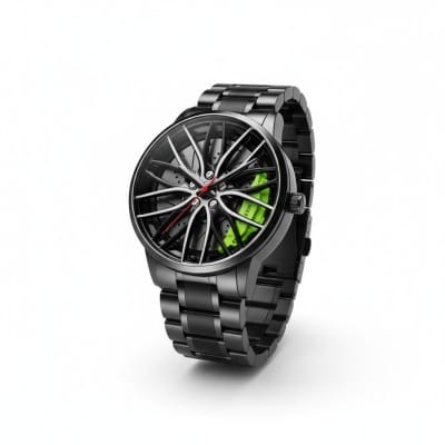 Picture of Luxury Men's Car Wheel Rim Hub Watch Featuring 3D Hollow Spinning Dial Design Japanese Quartz Movement Stainless Steel Waterproof Chronograph Sports Wristwatch Perfect Gift for Automotive Enthusiasts Racing Fans and Car Lovers.-Black