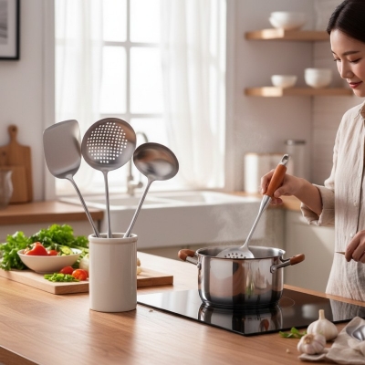 Picture of Premium 304 Stainless Steel Kitchen Utensil Set with Ergonomic Rosewood Handles for Professional Cooking Including Long Wok Spatula Soup Ladle Slotted Turner and Skimmer Spoon for Daily Home Kitchen Use Today.-Multicolor