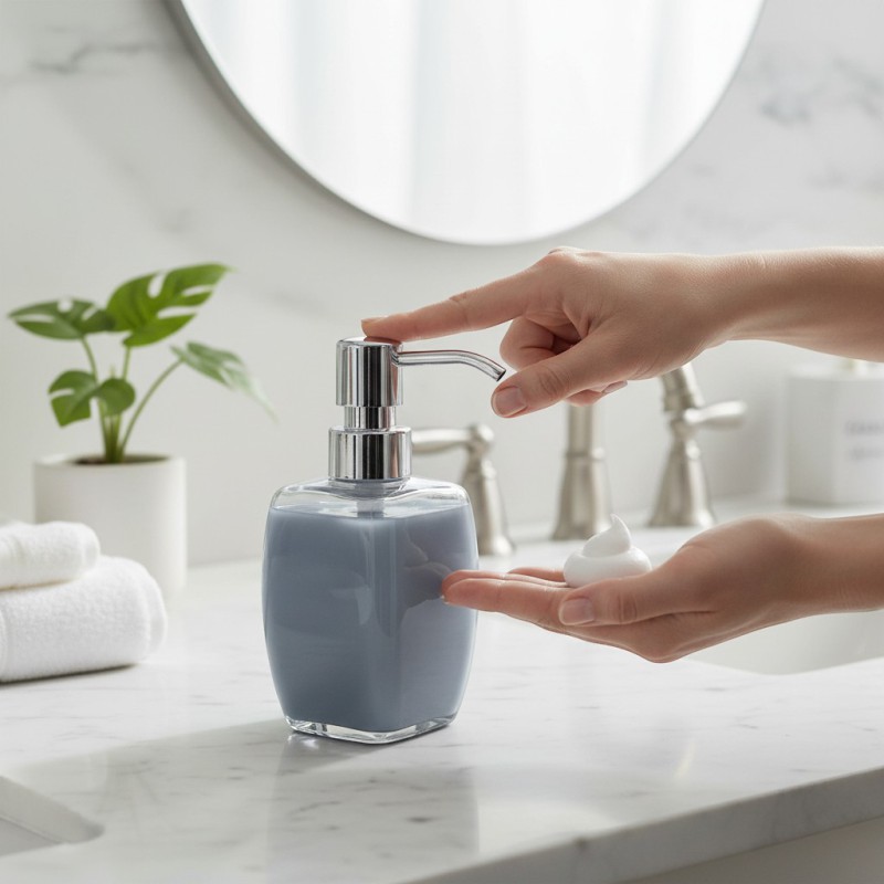 Picture of Vibrant multicolor square acrylic soap dispenser featuring a premium chrome-finish pump mechanism perfect for enhancing your bathroom vanity decor or modern kitchen sink countertop with a stylish and contemporary touch of color.-Multicolor