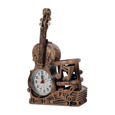 Picture of Antique Style Violin Shaped Analog Alarm Clock with Integrated Pen Holder for Students Desk Office Table Decoration Elegant Musical Instrument Theme Desktop Organizer Showpiece for Creative Home Interior Decor Gift Idea.-Multicolor