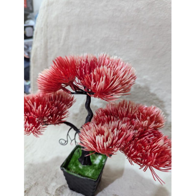 Picture of Artificial Red Pine Bonsai Tree with Decorative Pot for Home Office Desk Tabletop Zen Garden Indoor Decoration-Red