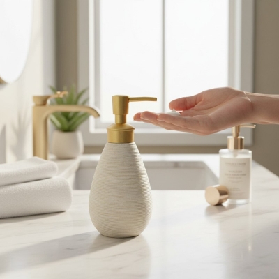 Picture of Elegant white ribbed ceramic soap dispenser featuring a premium gold-toned pump mechanism perfect for enhancing your bathroom vanity decor or modern kitchen sink countertop with a sophisticated and timeless touch of style.-Multicolor