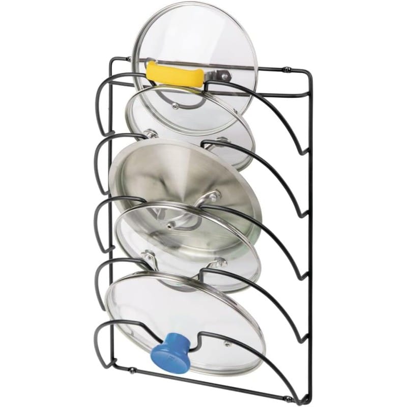 Picture of 1 pcs Metal Wire Pot and Pan Lid Rack Organizer for Kitchen Cabinet Doors or Wall Mount - Upright Storage Holder with 5 Slots - Black-Black