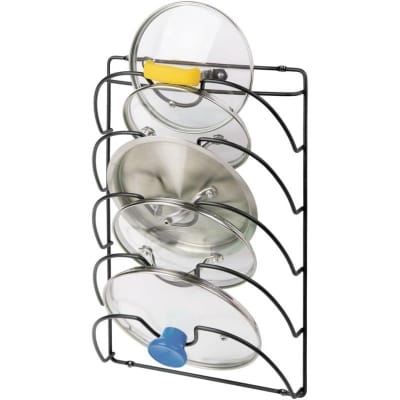 Picture of 1 pcs Metal Wire Pot and Pan Lid Rack Organizer for Kitchen Cabinet Doors or Wall Mount - Upright Storage Holder with 5 Slots - Black-Black