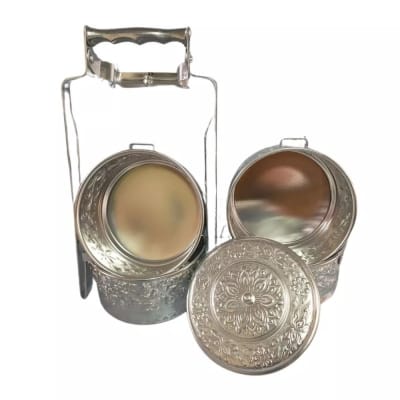 Picture of Food Carrier Thai Decorated 4 Stacks 14cm Aluminium Silver Pinto Sale Promotion-Silver