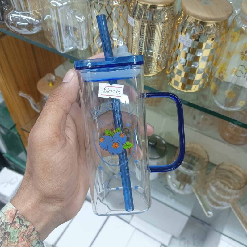 Picture of Multi-Color Glass Sipper Tumbler Mug – 400ml Borosilicate Glass with Acrylic/Wooden Lid & Straw – Microwave Safe, Lightweight & Scratch Resistant – Perfect for Juice, Coffee, Tea,s – Pack of 1-Blue