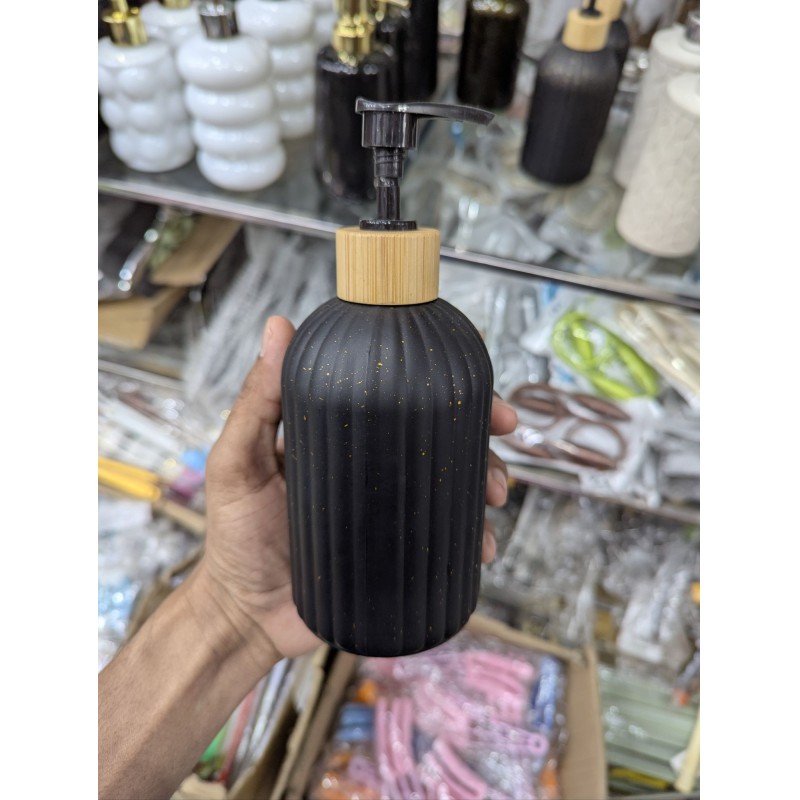Picture of Premium Matte Black Ribbed Glass Soap Dispenser with Eco-Friendly Bamboo Pump, Elegant 410ml Refillable Countertop Liquid Hand Sanitizer and Dish Soap Bottle for Modern Minimalist Farmhouse Style Kitchen and Luxury Bathroom Decor-Black