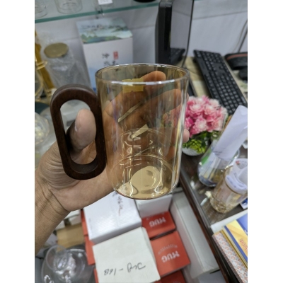Picture of High Borosilicate Heat Resistant Glass Coffee Mug with Natural  Wood Handle Smoked  Tea Cup for Modern Kitchen Decor Minimalistic Style Drinking Glassware for Hot and Cold Beverages Daily.-Gold