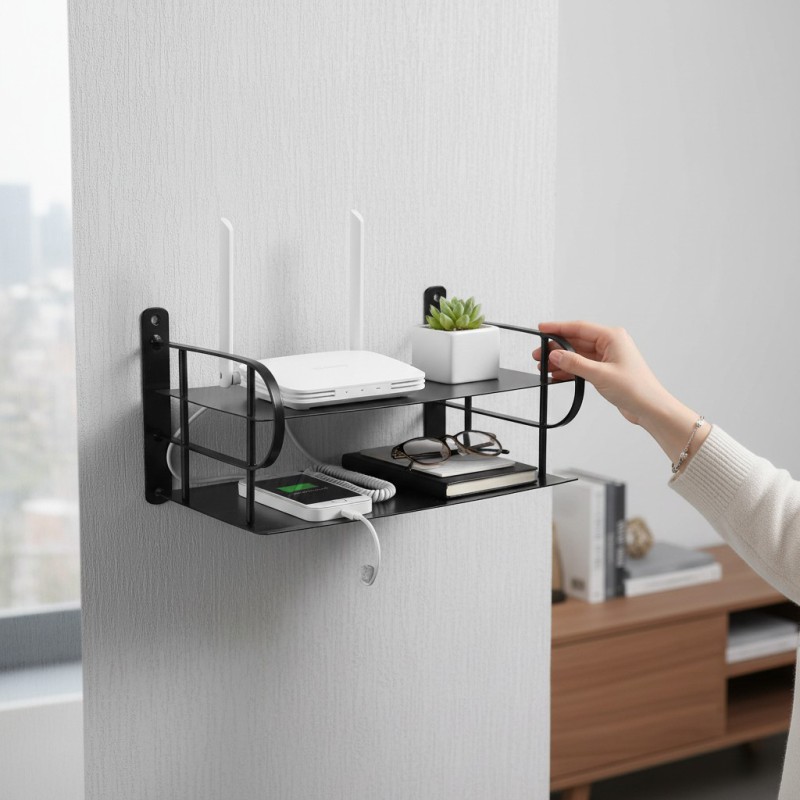 Picture of Modern Wall Hanging Storage Unit for Electronics, Multi-functional Floating Metal Wire Rack for Routers, Media Players, Set-Top Boxes, Streaming Devices, Cable Management Organizer, Sleek Home Office Decor, Easy Mount Hardware.-Black