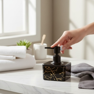 Picture of Luxury Black glass liquid soap dispenser featuring a premium gold-colored pump and decorative SOAP gold lettering perfect for enhancing your bathroom vanity decor or modern kitchen sink countertop with elegant style.-black