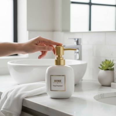 Picture of Luxury white marble ceramic soap dispenser featuring a premium gold-toned pump and decorative HOME printed label perfect for enhancing your bathroom vanity decor or modern kitchen sink countertop with elegant style today.-white