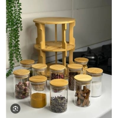 Picture of 360° Rotating Bamboo Spice Rack Organizer with 10 Airtight Glass Jars for Kitchen Countertop Storage Carousel and Space Saving Seasoning Holder Stand with Natural Wood Finish for Modern Pantry Organization Needs.-Multicolor