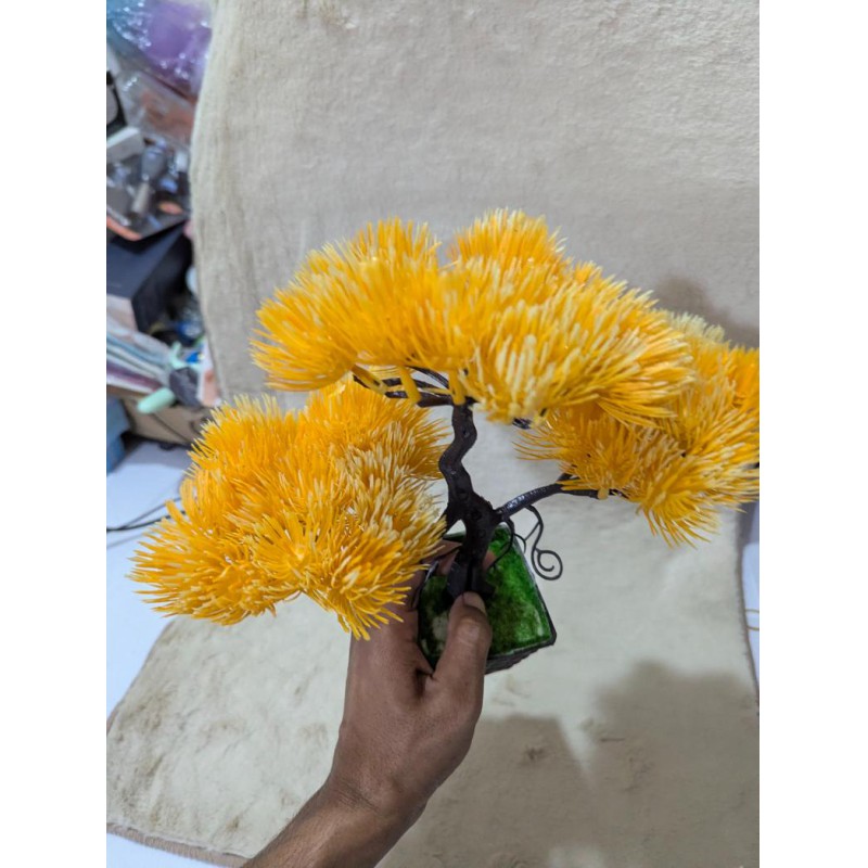 Picture of Artificial Yellow Bonsai Tree in Black Pot for Home Office Desktop Decoration Vibrant Faux Pine Greenery Plant-Yellow
