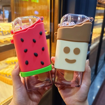 Picture of Factory Wholesale Summer Watermelon Ice Cream BPA Free Kid Portable Food Grade Children Plastic Water Bottle with Lid&Straw-Multicolor