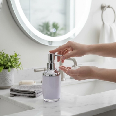 Picture of Premium 280ml multicolor acrylic round soap dispenser featuring a durable rustproof pump mechanism perfect for enhancing your bathroom vanity decor or modern kitchen sink countertop with a stylish and contemporary colorful touch.-Multicolor