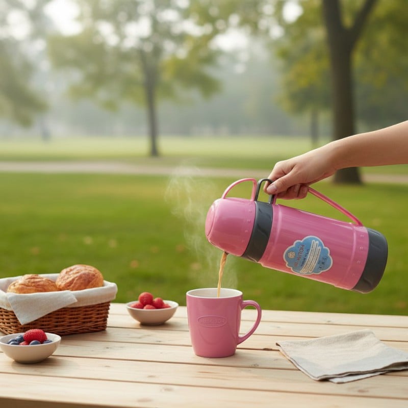 Picture of High Quality 1L Plastic Body Vacuum Flask with Glass Refill Inner Insulation Available in Multiple Colors for Superior Heat Retention Perfect for Storing Tea Coffee and Hot Water at Home Daily.-Multicolor