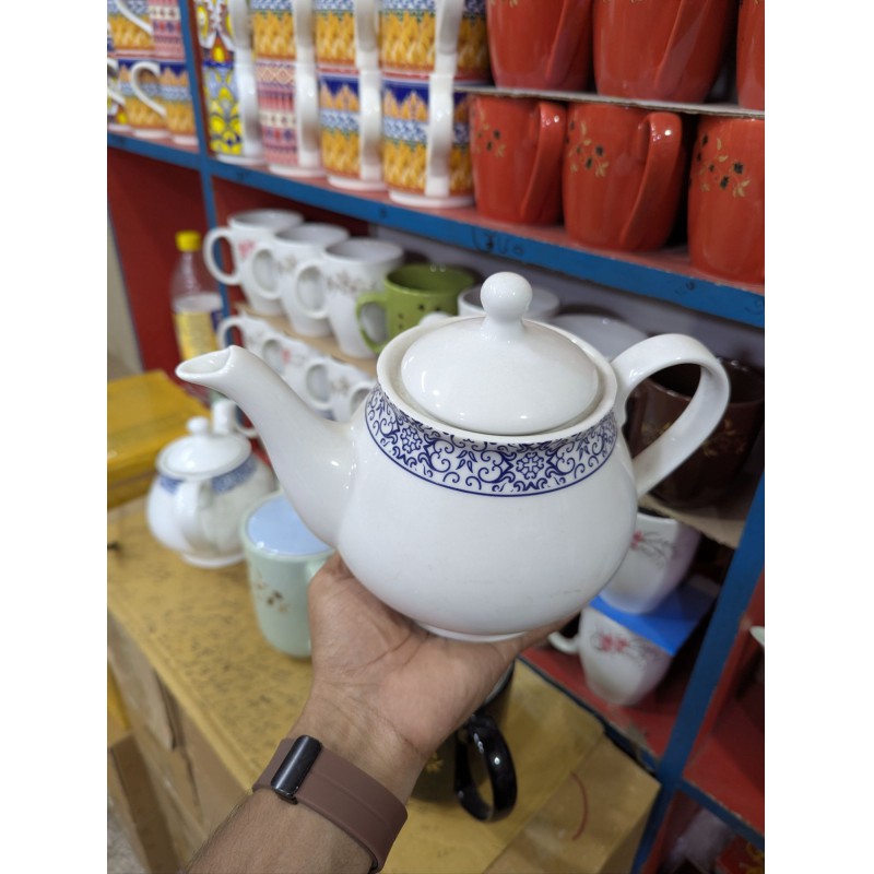 Picture of Elegant White Porcelain Teapot Featuring Intricate Navy Blue Floral Pattern for Premium Afternoon Tea Service Experiences.-Multicolor
