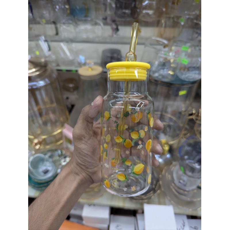 Picture of Lemon Print Sipper Glass 16oz capacity with Airtight Yellow Lid and Matching Glass Straw for Refreshing Summer Drinks Iced Coffee Smoothies Juices and Fruit Infused Water at Home Office or Outdoors.-Multicolor