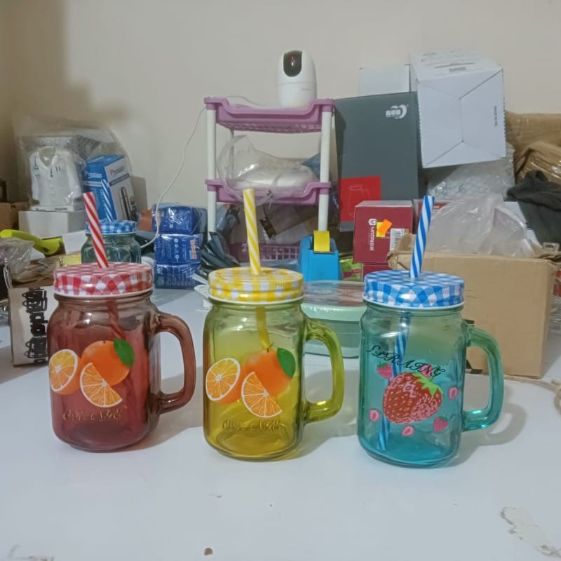 Picture of 1pcs red glass Mason jar mug with a handle, a checkered lid, and a striped straw, designed with print print body for drinking beverages. -Red