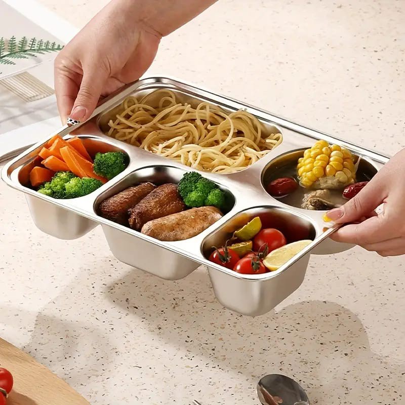 Picture of 1pcs Heavy-Duty Commercial Stainless Steel Five-Compartment Food Tray -weight lid, Large Restaurant Plate for Catering, School Cafeteria, Party, Home Kitchen - Ideal for Pasta, Meat, Vegetables, Desserts - Easy-Clean & Space-Saving Design, Catering Essent-Silver