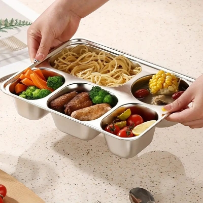 Picture of 1pcs Heavy-Duty Commercial Stainless Steel Five-Compartment Food Tray -weight lid, Large Restaurant Plate for Catering, School Cafeteria, Party, Home Kitchen - Ideal for Pasta, Meat, Vegetables, Desserts - Easy-Clean & Space-Saving Design, Catering Essent-Silver