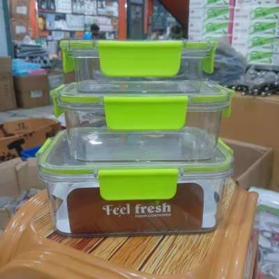 Picture of 3 pcs set 1200ml,800 ml & 300 ml Feel Fresh Rectangular PET Food Container, transparent green color lid-Multicolor