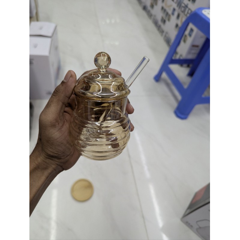 Picture of Elegant Glass Honey Pot with Integrated Dipper & Glass Lid-Gold