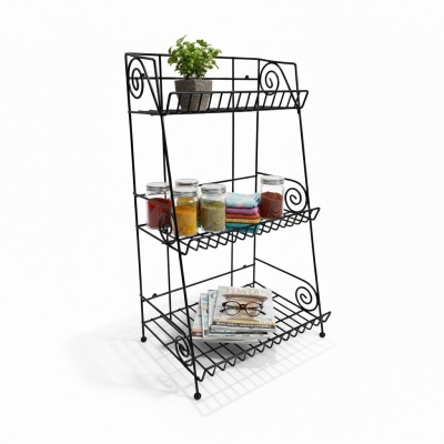 Picture of Modern Three Tier Metal Spice Rack Free Standing Kitchen Counter Organizer Black Wire Storage Shelf for Herb Jars Condiments and Bottles Decorative Swirl Design Heavy Duty Durable Kitchen Pantry Accessories.-Black