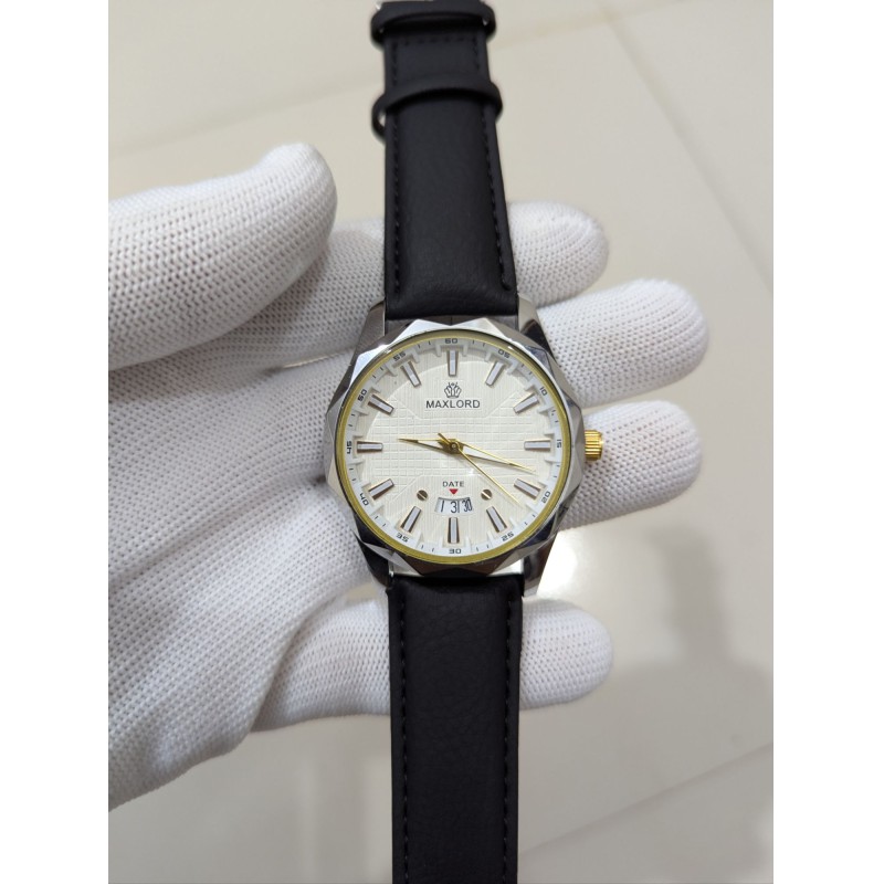 Picture of Premium Leather Watch for Men with Elegant Textured White Dial Gold-Tone Hands and Date Display Feature Waterproof Business Casual Wristwatch for Stylish Gents Perfect Gift Choice for Special Occasions.-Black