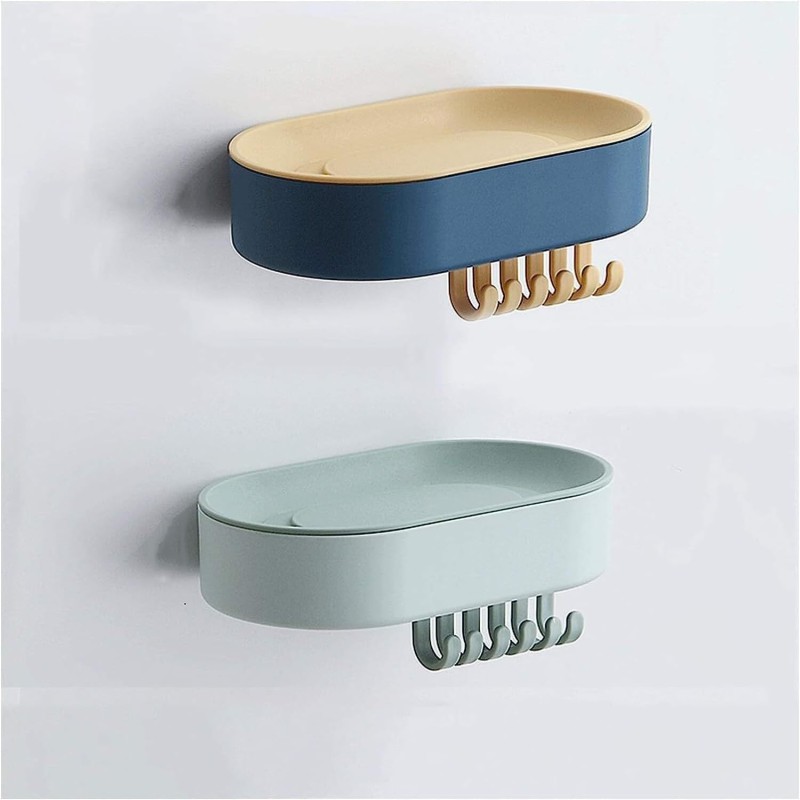 Picture of Multifunctional Wall Mounted Soap Box with Hooks for Bathroom and Kitchen Storage Waterproof Self Draining Soap Dish Holder No Drill Suction Cup Soap Tray Rack for Shower Sponge Scrubber Razor Holder-Multicolor